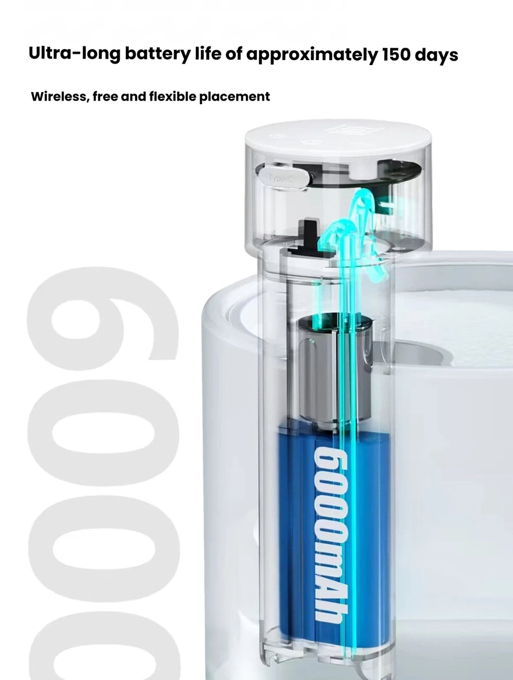 Battery and pump cutaway inside the Miao Xiang Jia wireless fountain