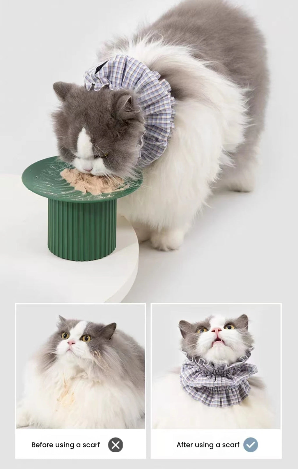 HiDREAM Plaid Pet Feeding Bib - Machine Washable Neck Cover for Long-Haired Cats & Dogs
