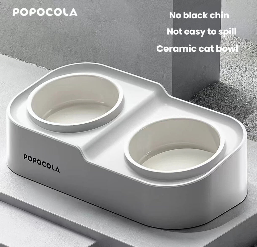 Front angled view of the Popocola raised double ceramic pet bowl