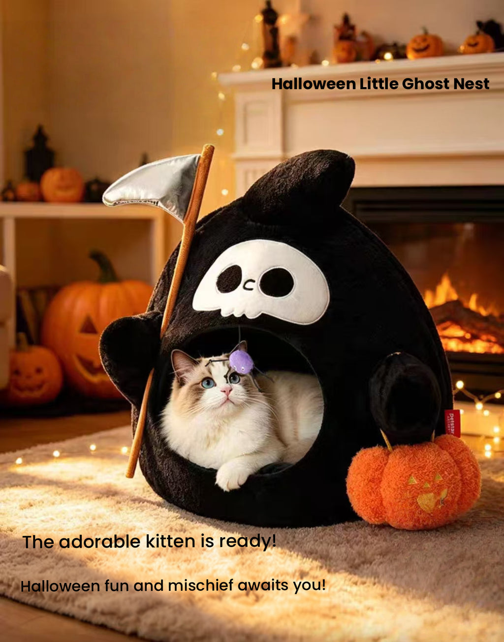 Cat resting inside the Petstar Halloween cave bed