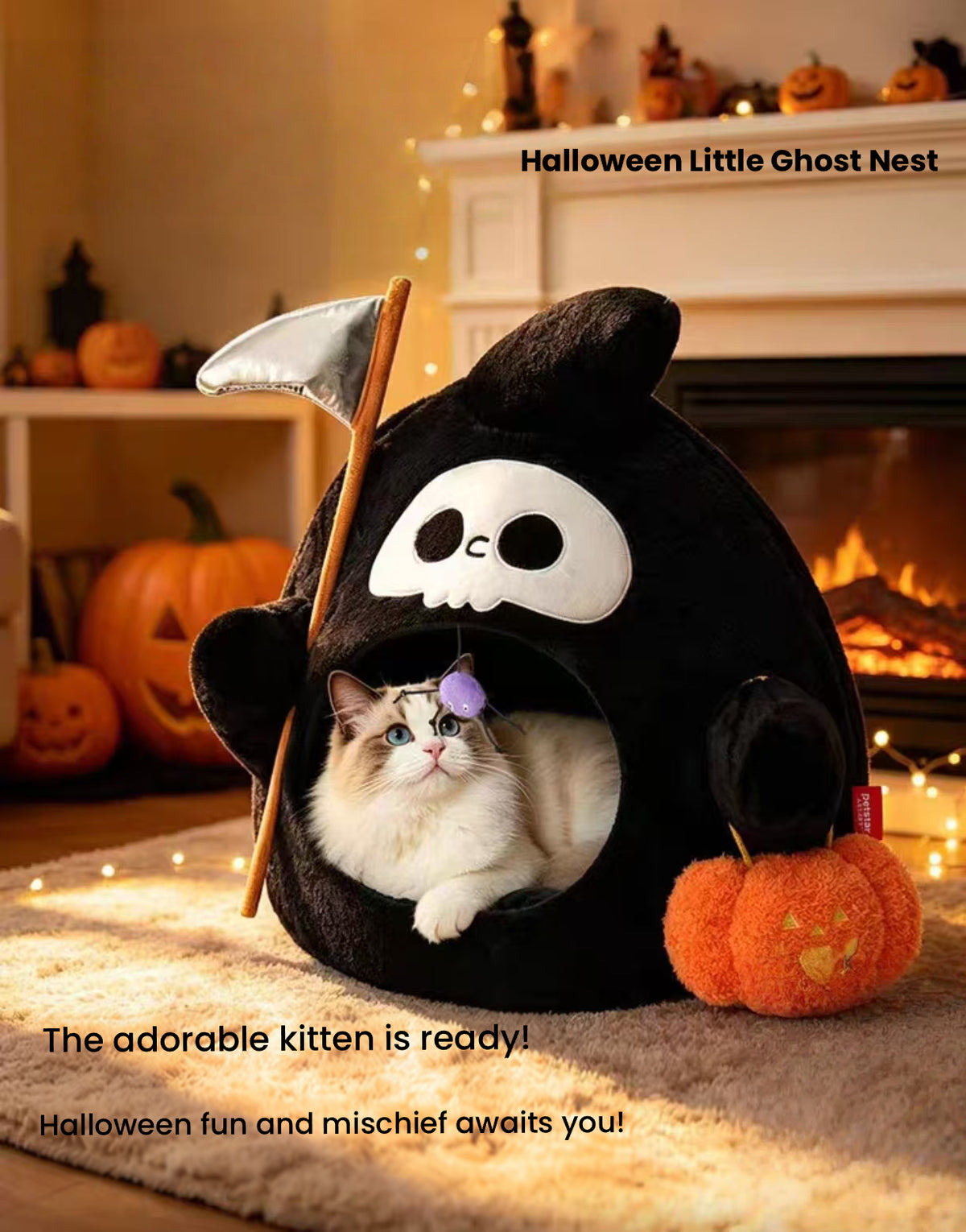 Cat resting inside the Petstar Halloween cave bed