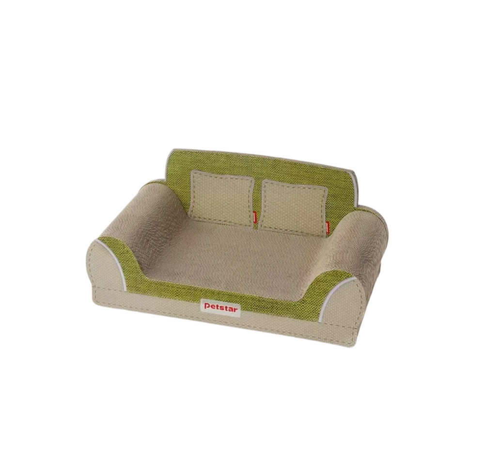 Green-trimmed Petstar cardboard cat scratcher shaped like a sofa