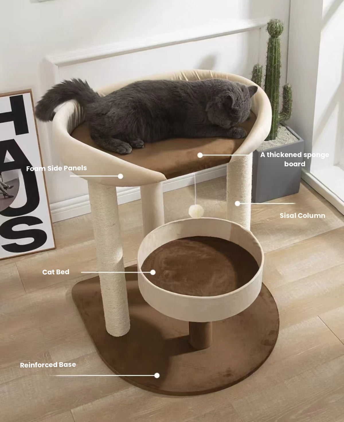 Large Cat Tree with Bed: Sisal Scratching Post for Big Cats