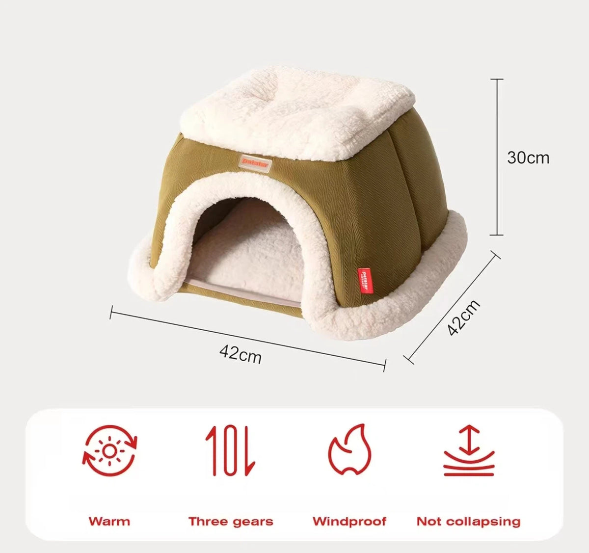 Petstar green heated cat house dimension diagram: 42 × 42 × 30 cm