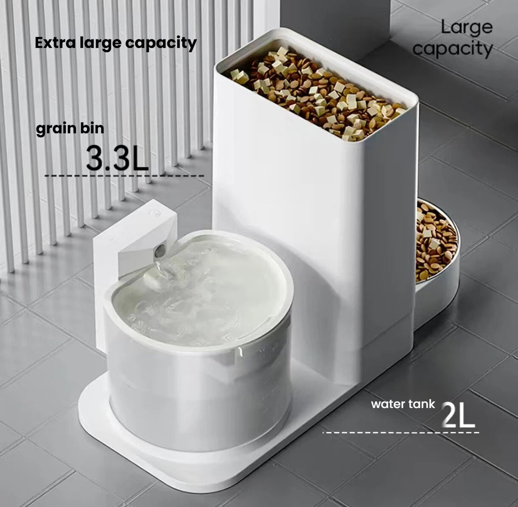 Popocola pet station showing the 3.3 L food hopper and 2 L water tank