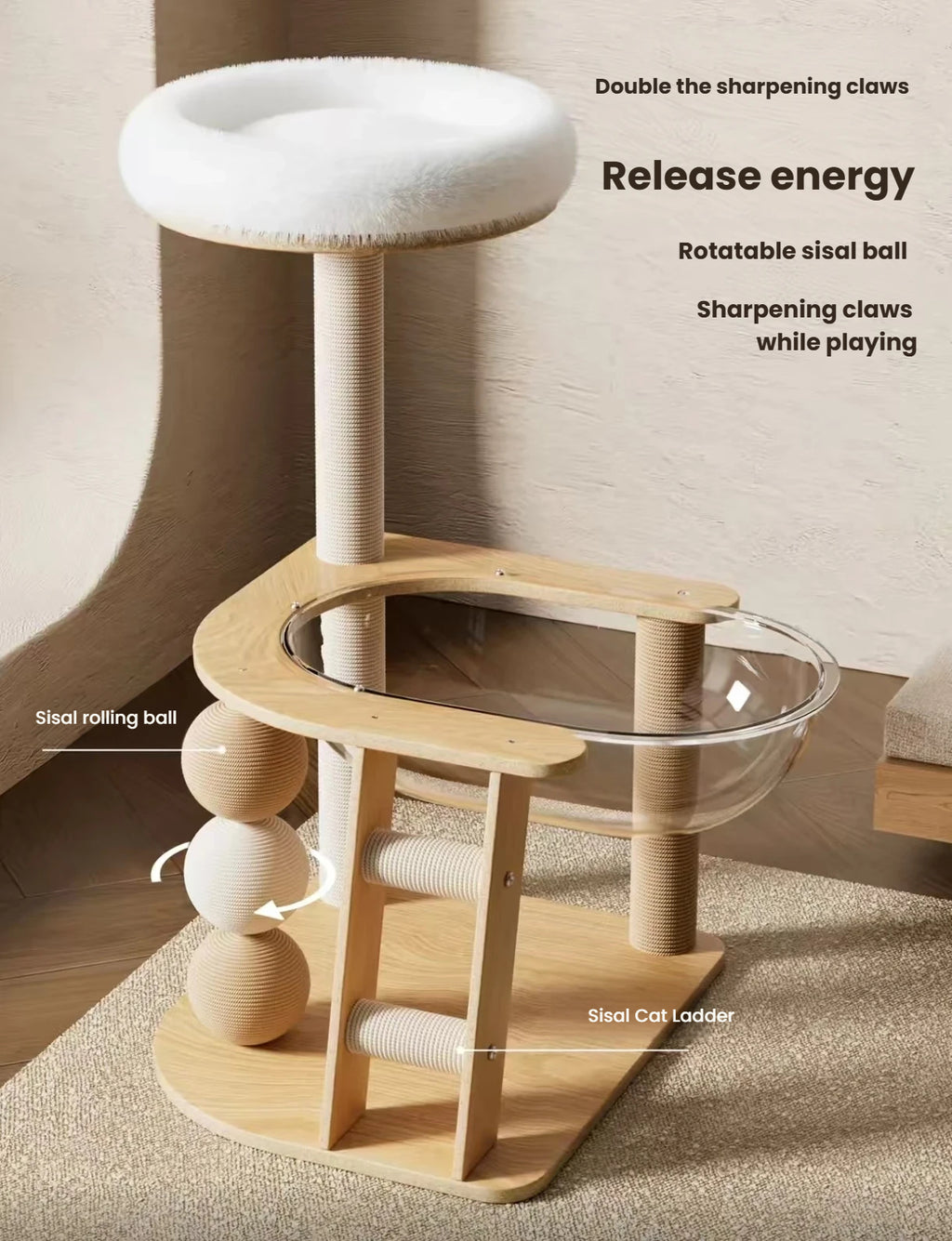 Wooden Cat Tree: Space-Saving Cat Tower with Bed & Scratching Post