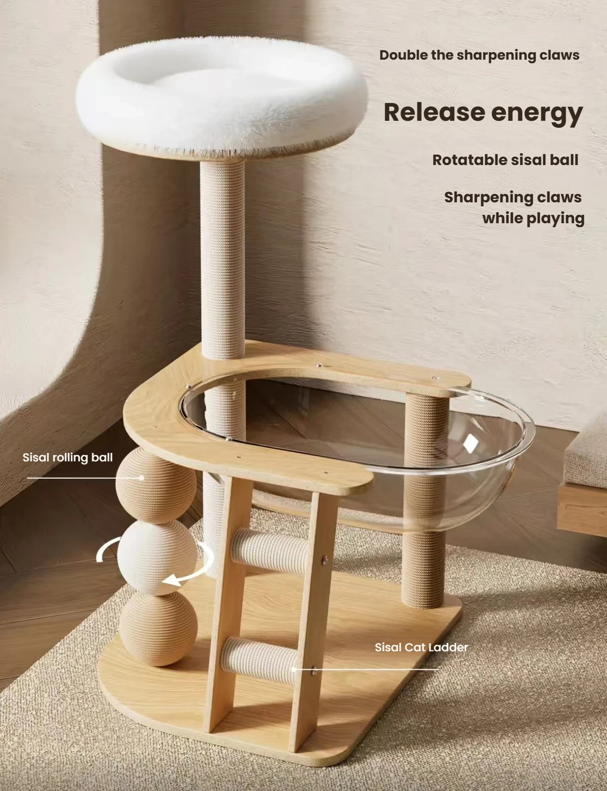 Wooden Cat Tree: Space-Saving Cat Tower with Bed & Scratching Post