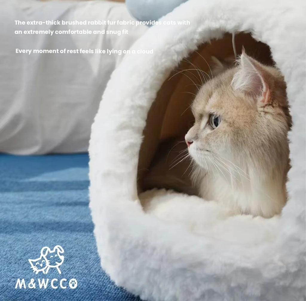 M&WCCO Cream Style Enclosed Cat Cave Bed - Large Warm Washable Nest for Chubby Cats & Ragdolls