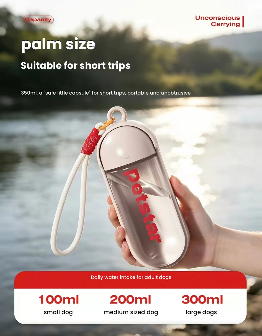 Petstar 350ml water bottle shown for short trips