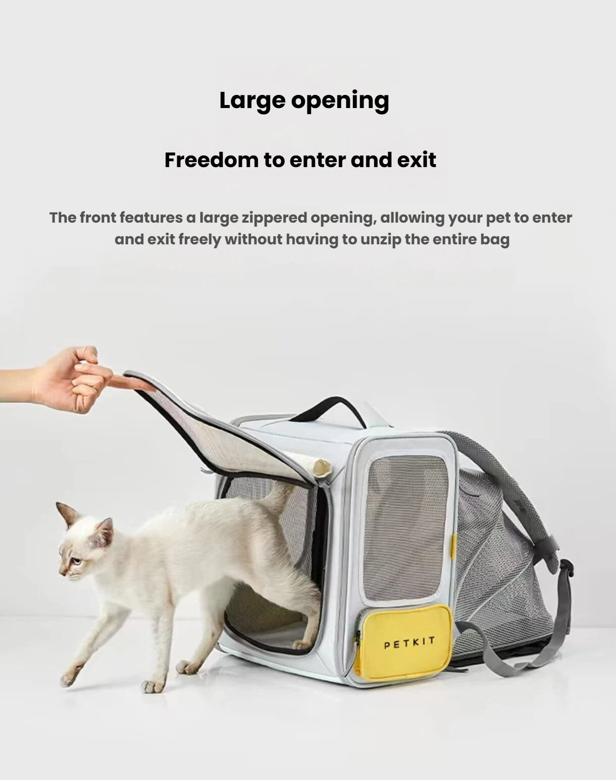 PETKIT 고양이 캐리어 백팩의 넓은 전면 개구부