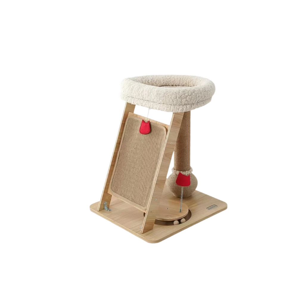 Petstar wooden cat tree with raised cushioned perch and angled scratch board