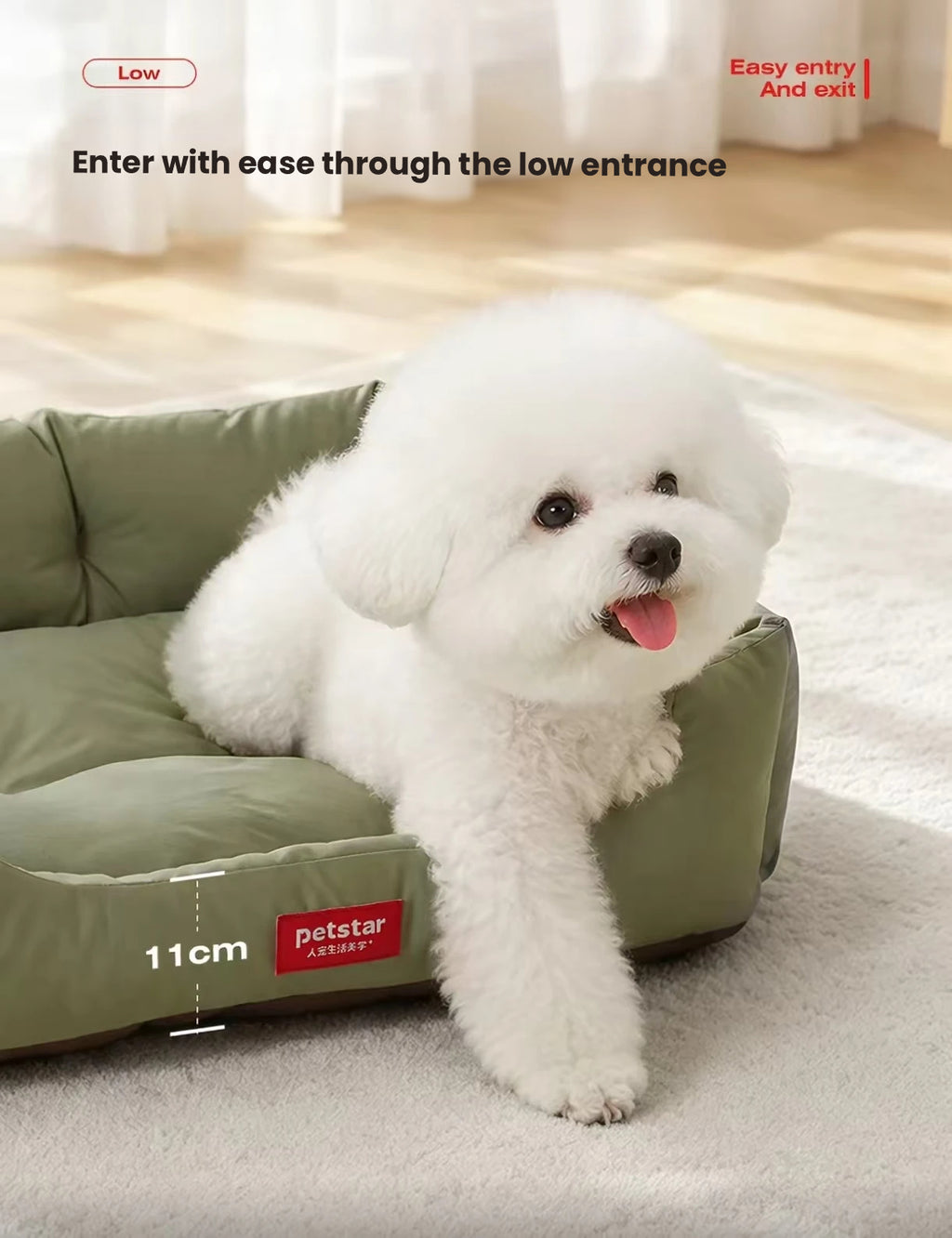 Small dog entering the green Petstar bolster bed