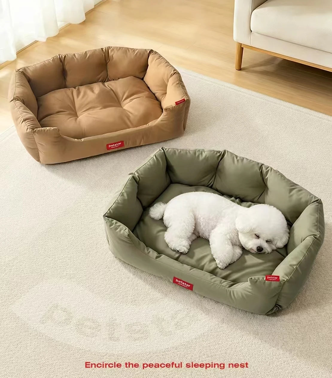Brown and green Petstar bolster beds with a resting cat