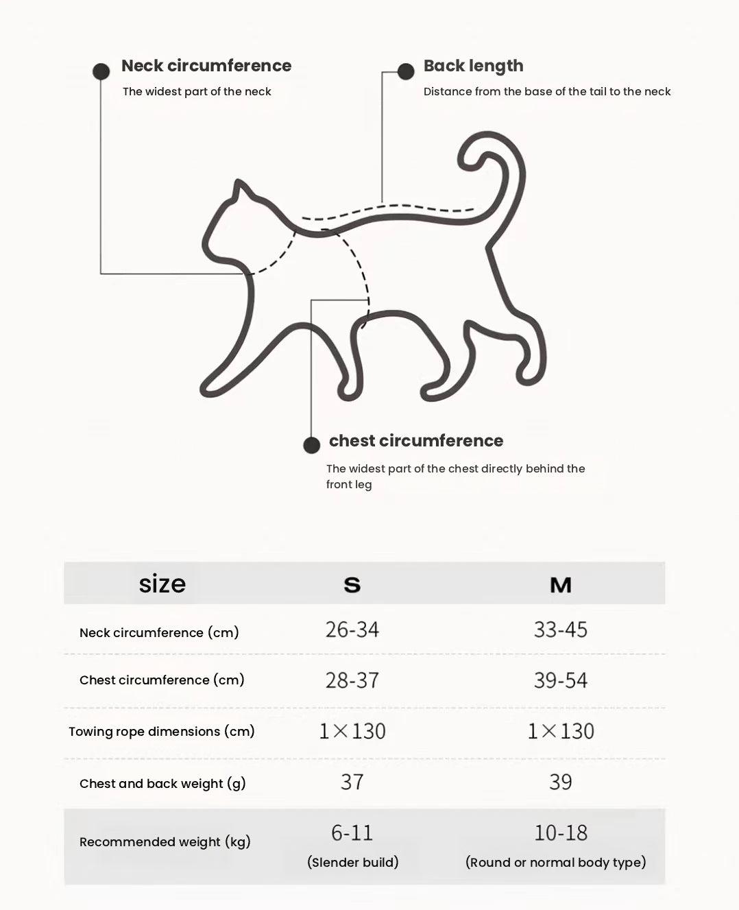 Petstar cat harness size chart for S and M options