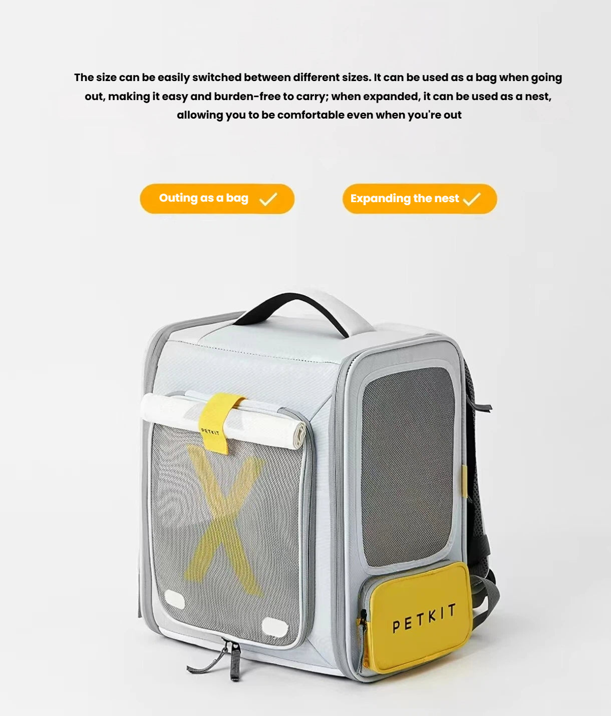 PETKIT carrier shown in backpack, handheld and expanded modes