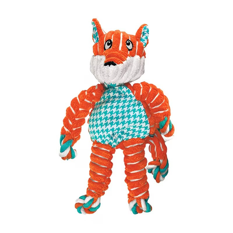 KONG Floppy Knots orange fox dog toy with a teal patterned body and rope limbs