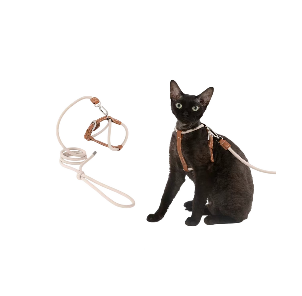 HiDREAM Leather Cat Harness Set - Adjustable Escape-Proof X-Style Harness with Round Leash