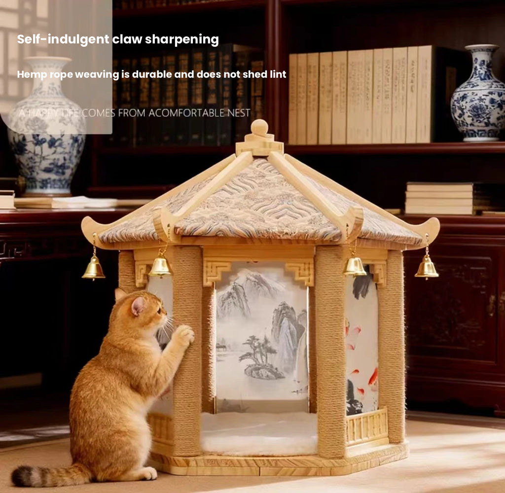 Wooden Cat Tree: Space-Saving Cat Scratcher with Bed & Post