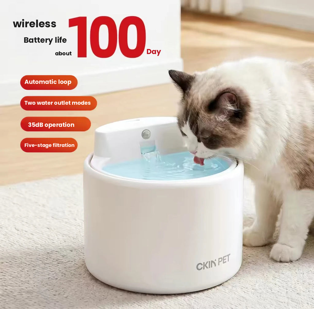 Ckin Pet Ceramic Cordless Cat Water Fountain, Quiet Auto Circulation