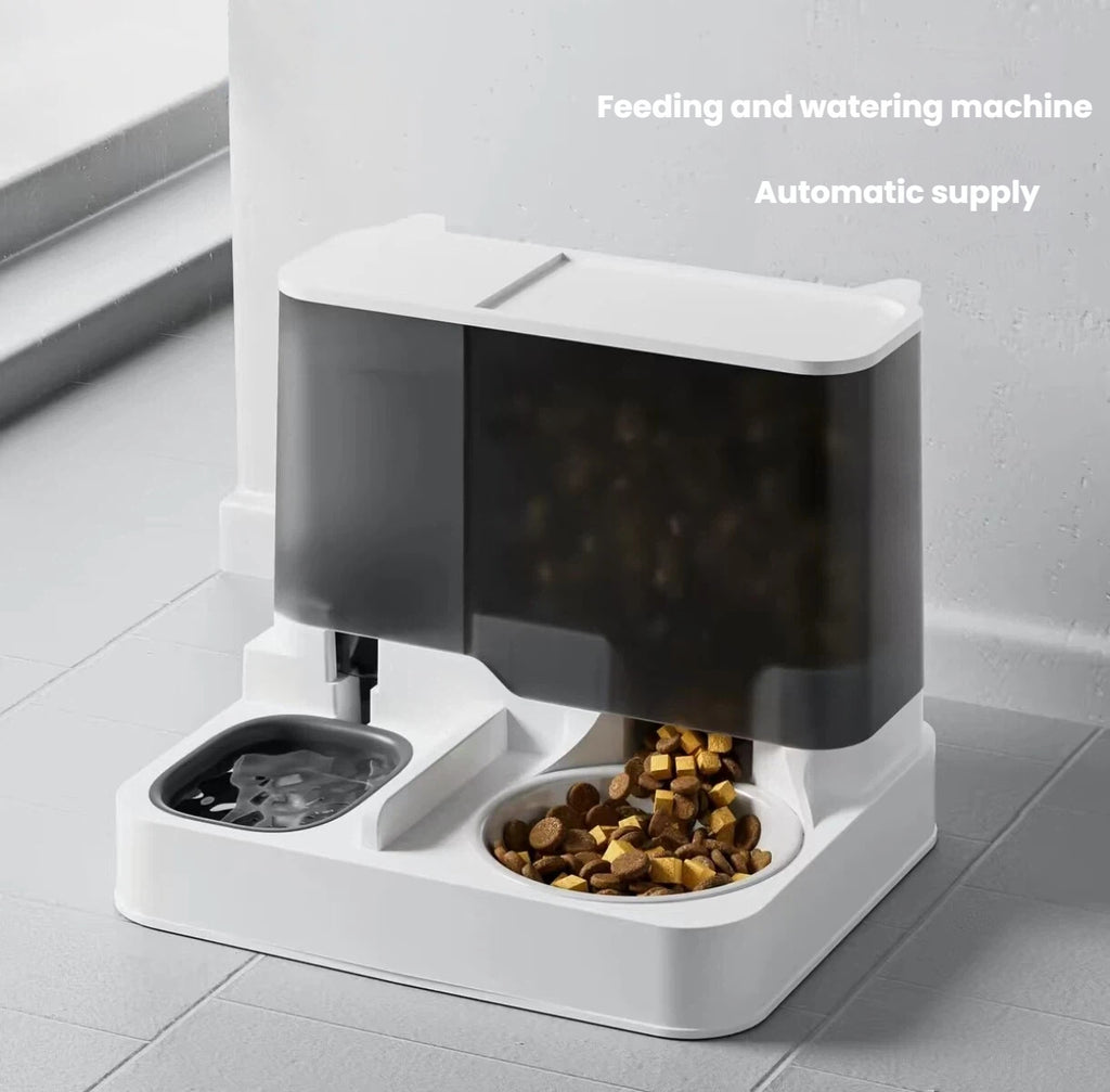 Filled two-in-one gravity pet feeder with separate food and water bowls