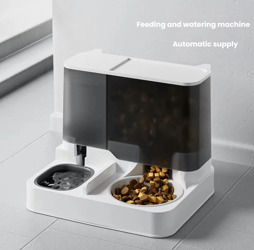 Filled two-in-one gravity pet feeder with separate food and water bowls