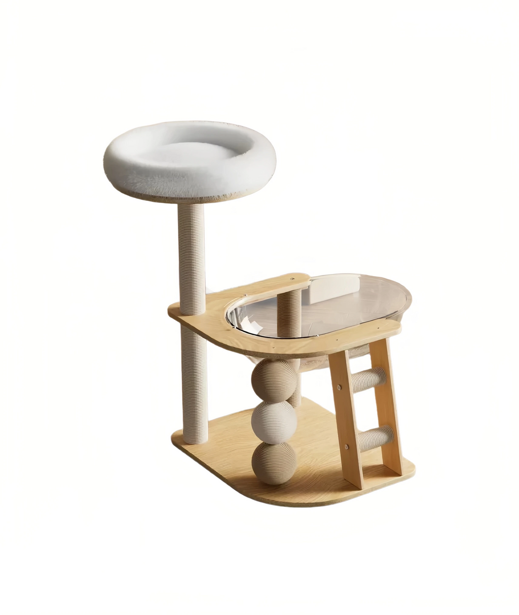 Wooden Cat Tree: Space-Saving Cat Tower with Bed & Scratching Post