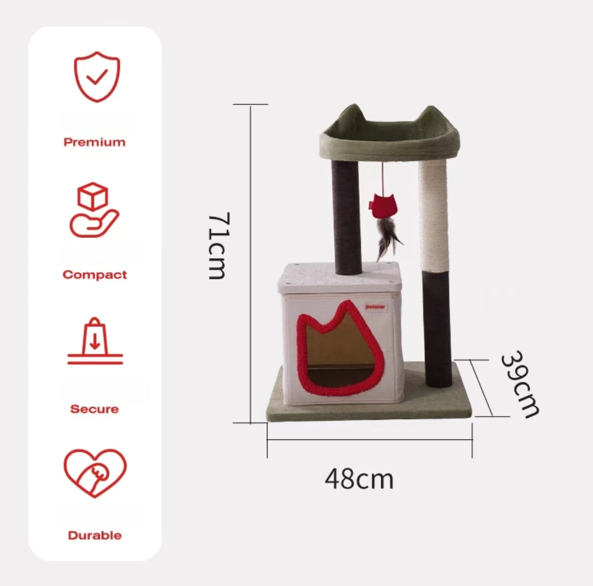 Petstar S cat tree size diagram showing 71 cm height and 48 x 39 cm base