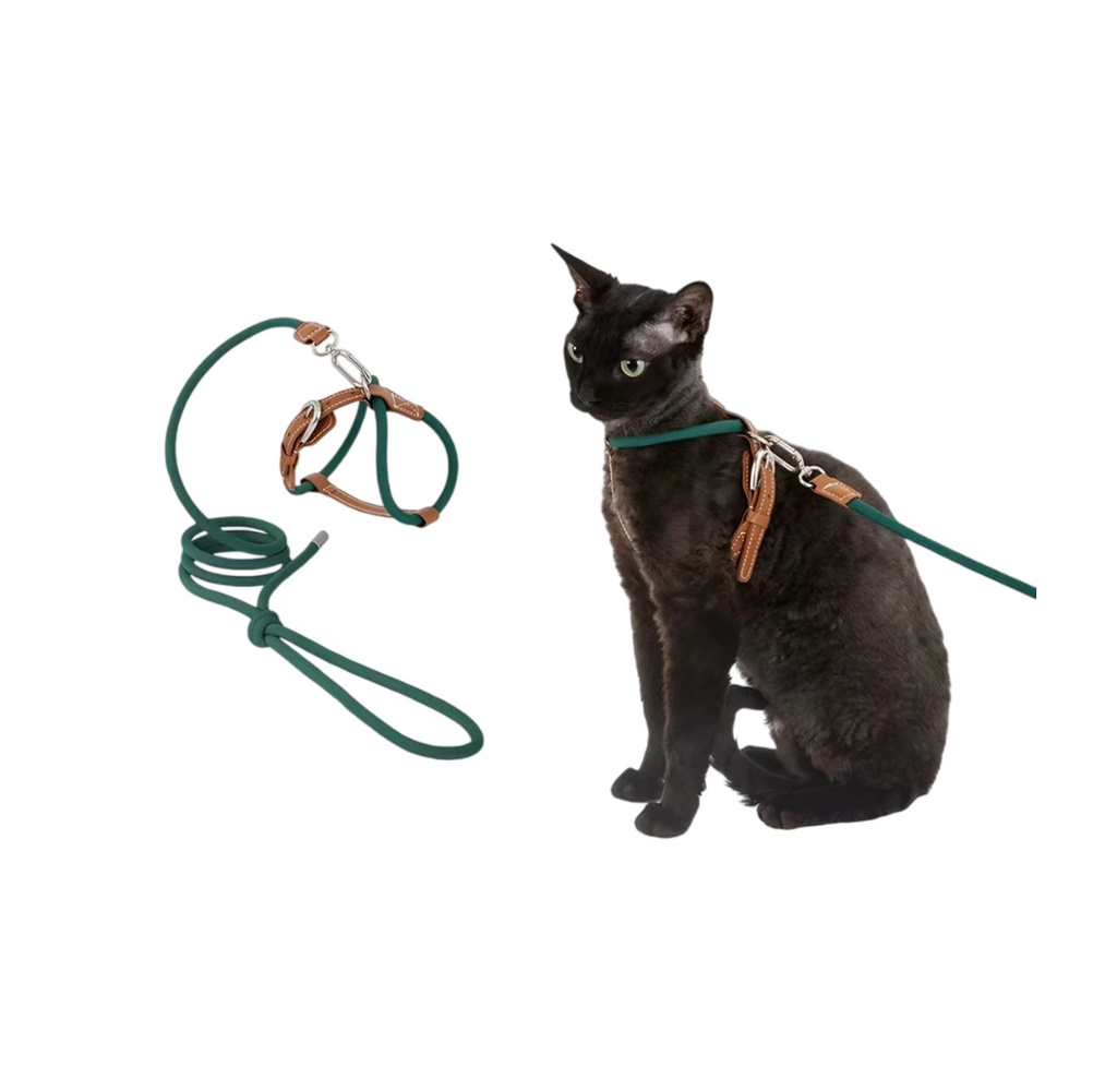 HiDREAM Leather Cat Harness Set - Adjustable Escape-Proof X-Style Harness with Round Leash