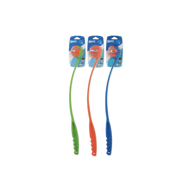 Chuckit Classic Medium ball launchers shown in green, orange and blue packaging
