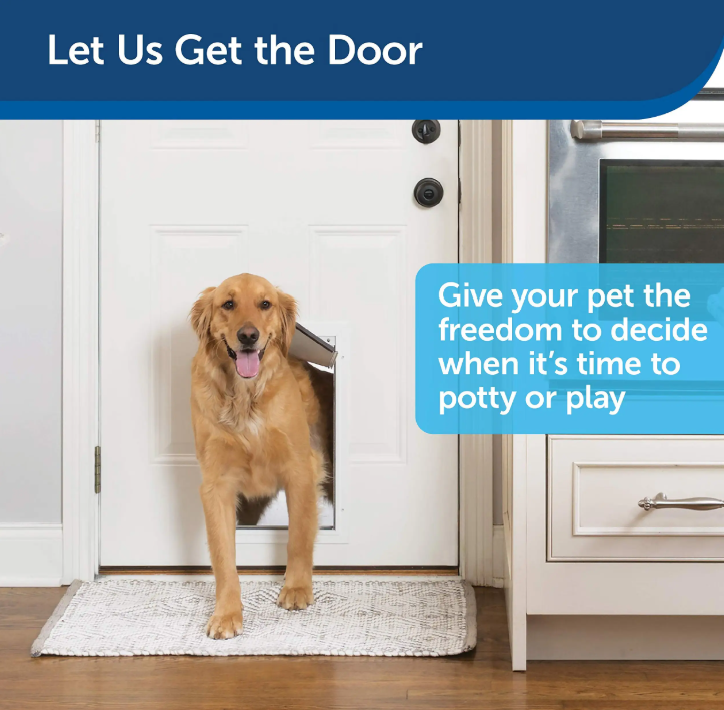 Golden retriever standing beside an installed PetSafe aluminium dog door