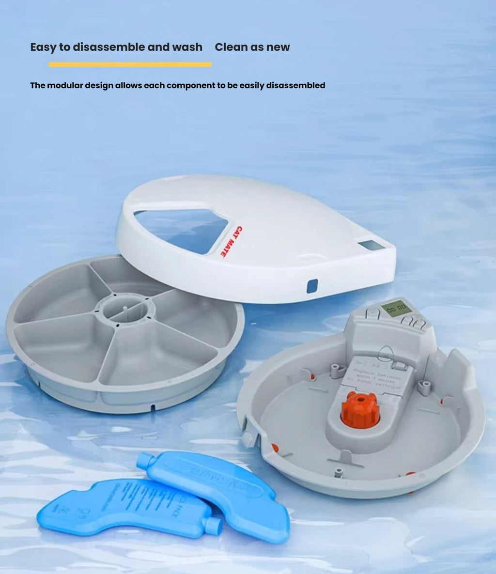 Disassembled CatMate rotating feeder tray, lid and cooling packs