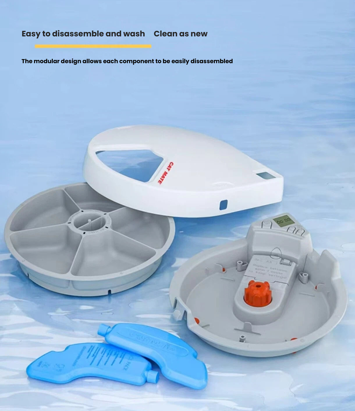 Disassembled CatMate rotating feeder tray, lid and cooling packs