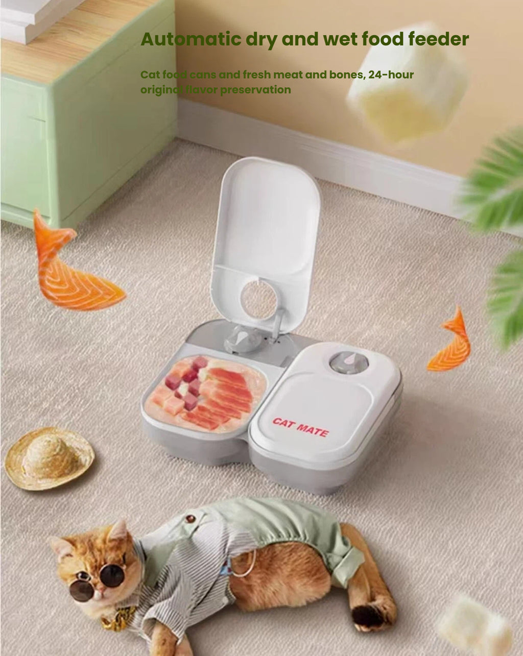 Cat beside single and double CatMate timed wet-food feeder configurations