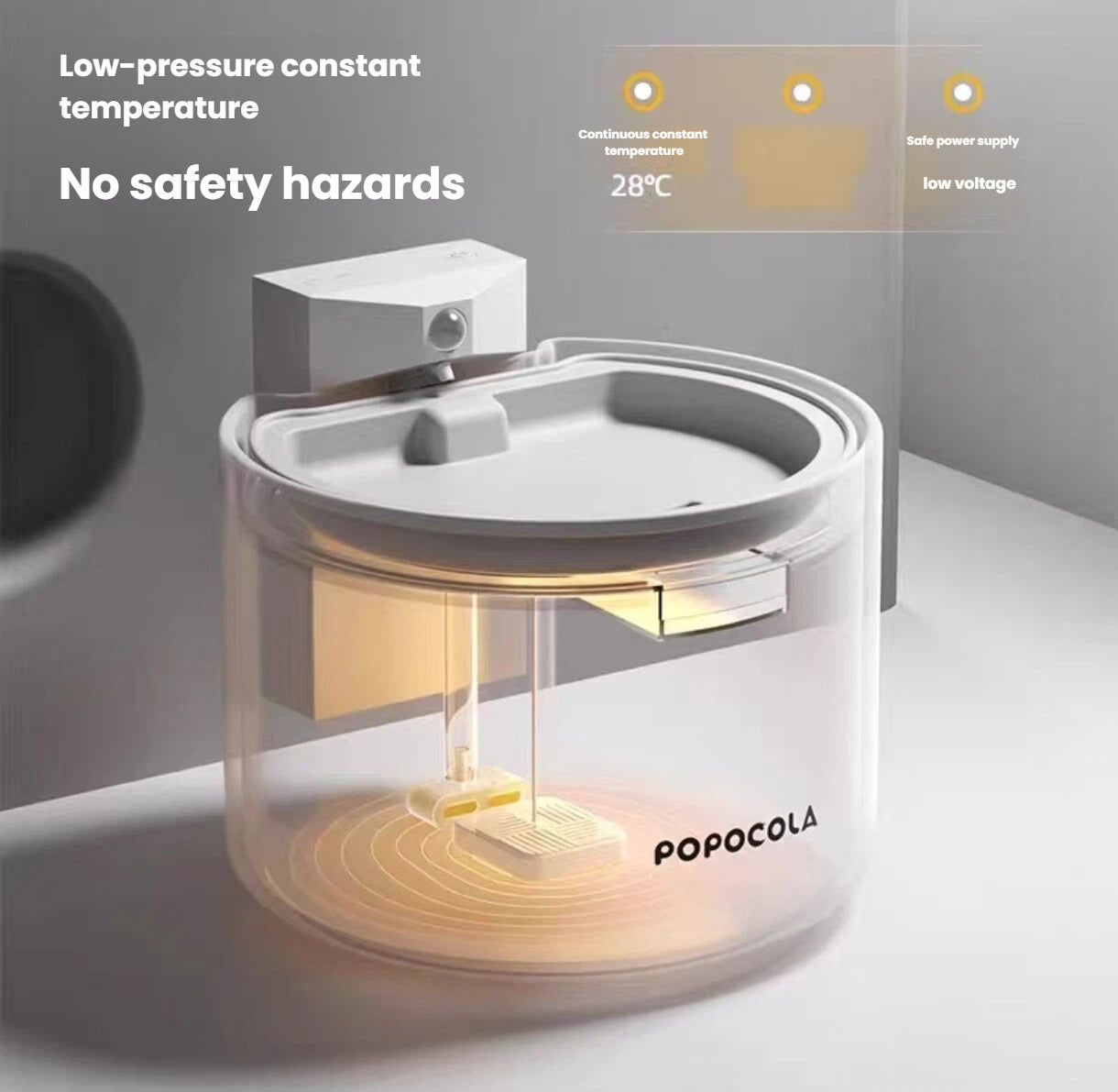 Clear Popocola cat fountain showing the warming element below the bowl