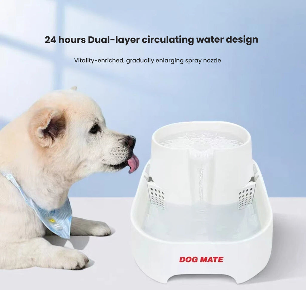 Dog drinking from the white automatic circulation pet water fountain