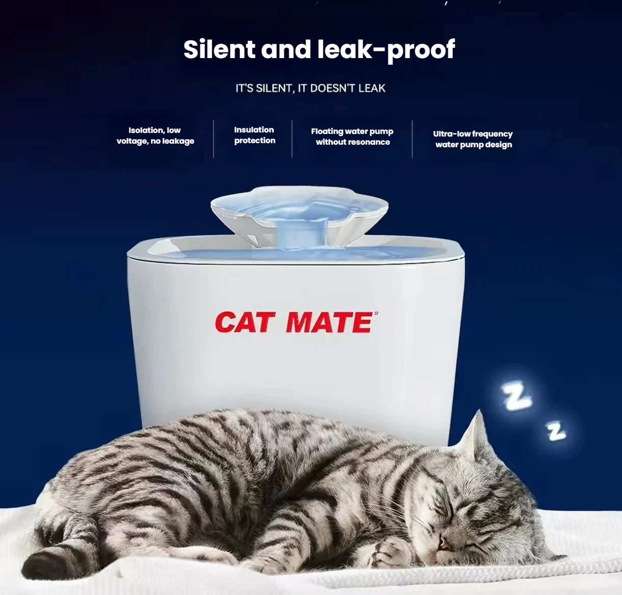 Silver CatMate cat water fountain in a home setting