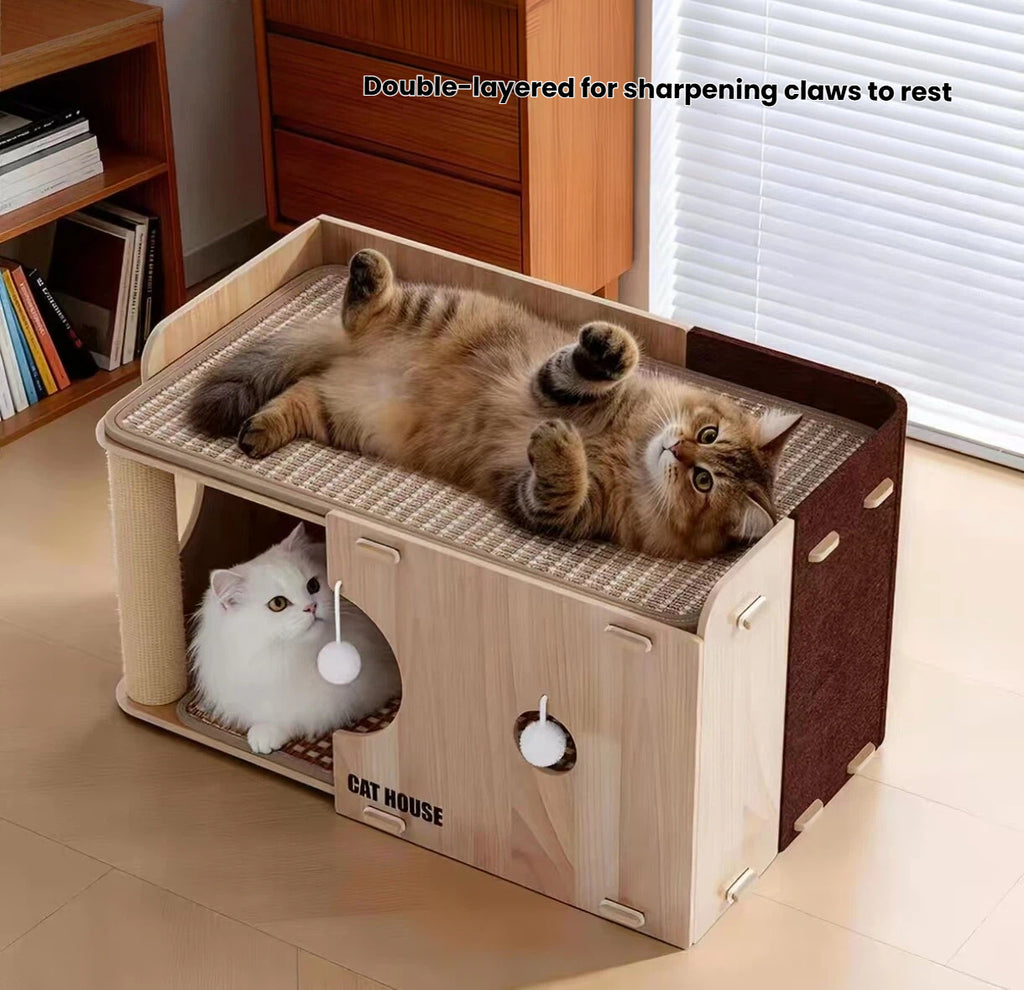Cats scratching and resting on the double-level cat furniture