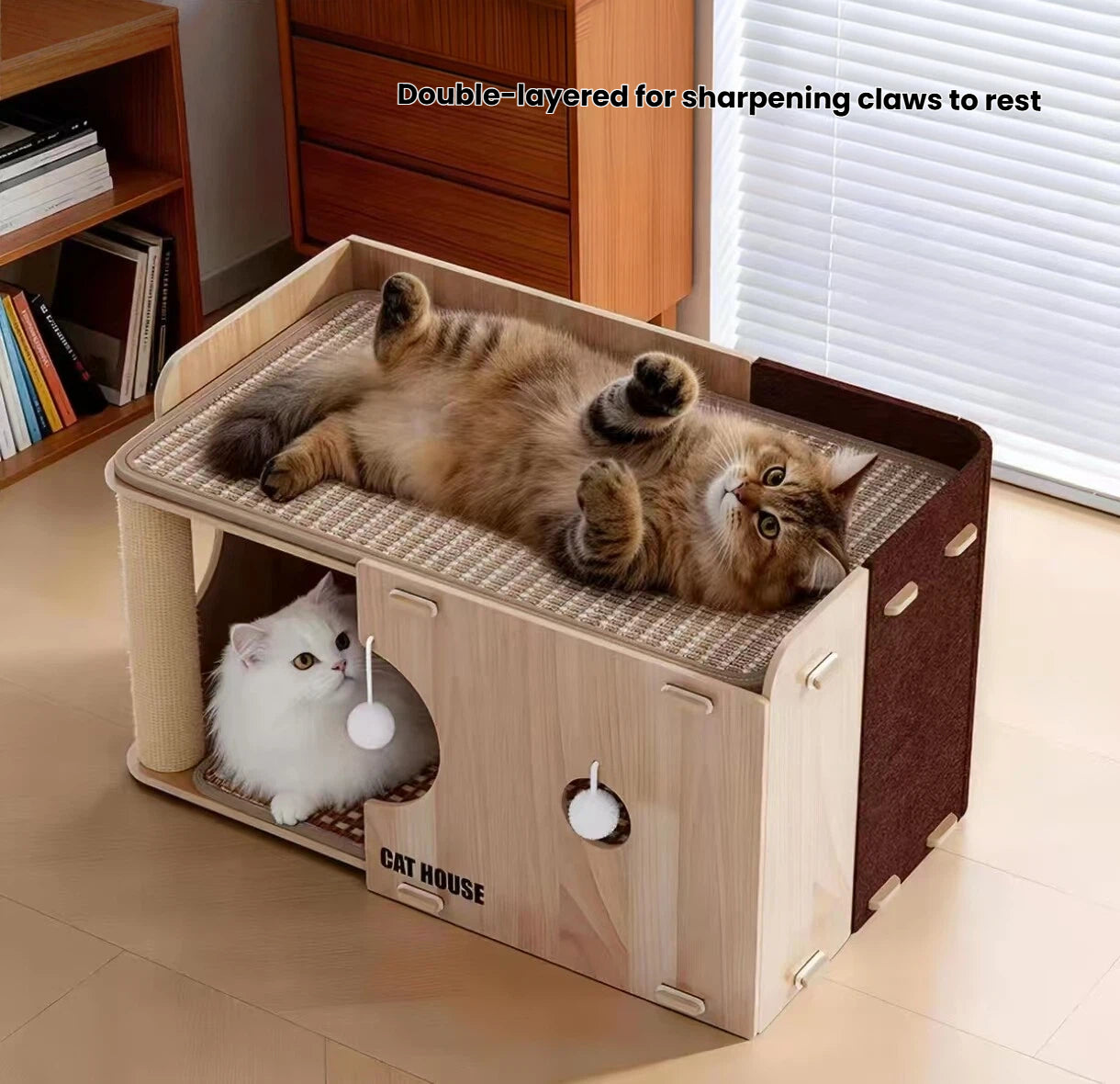 Cats scratching and resting on the double-level cat furniture