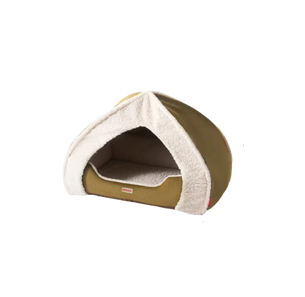 Green Petstar tent bed with cream lining and wide front entrance