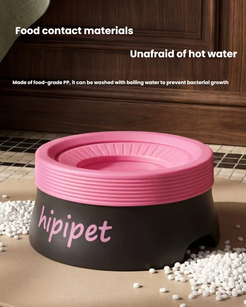 Pink and black Hipipet water bowl with washable food-contact materials