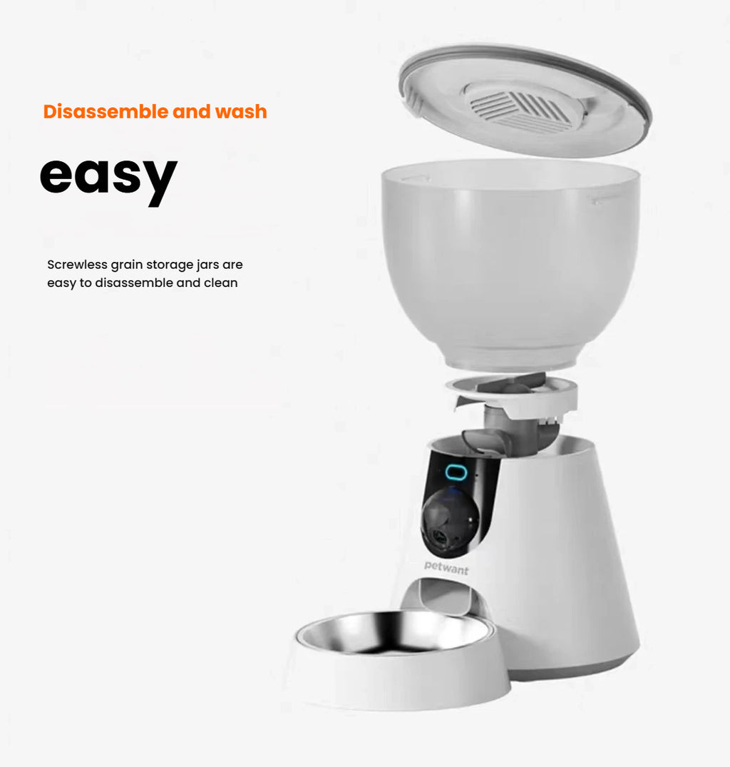 Petwant F17-C feeder with its hopper and bowl separated for cleaning