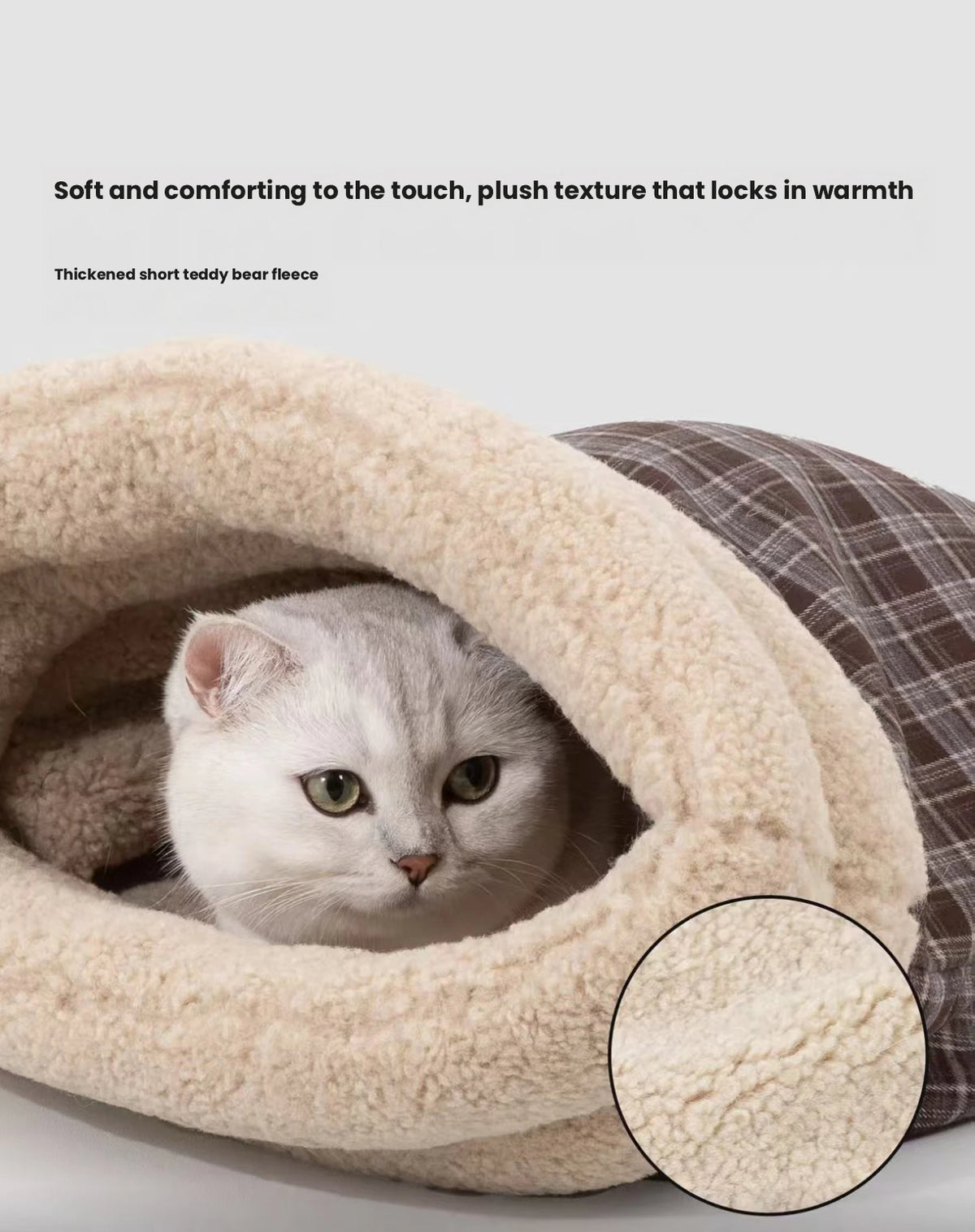 HiDREAM Covered Cave Cat Bed - Thick Warm Plush Sleeping Bag for Indoor Cats