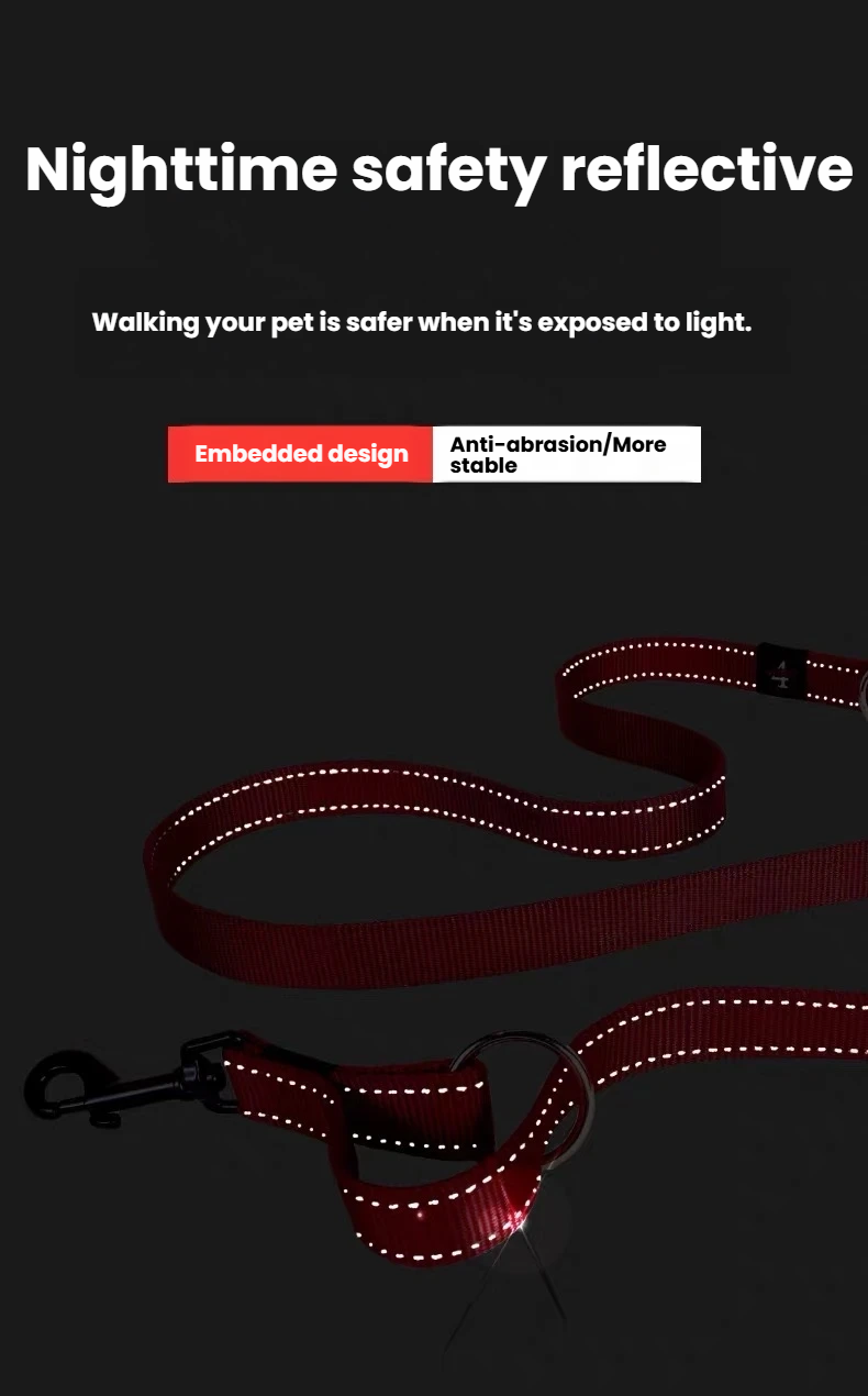 Reflective stitching on a red EzyDog Vario 4 lead in low light
