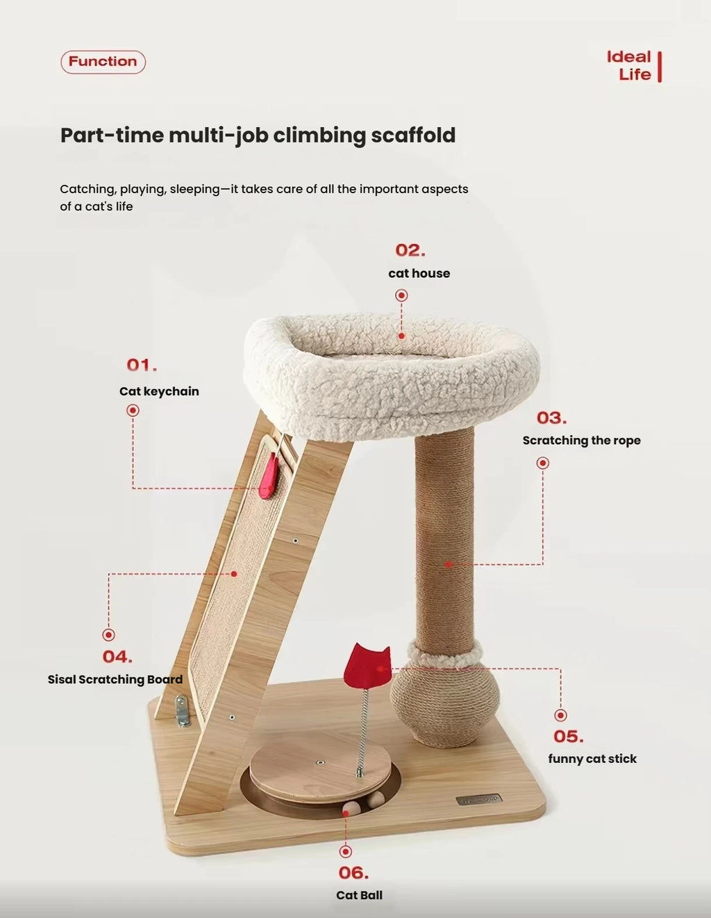 Petstar cat tree feature diagram with perch, scratch board and ball-track base