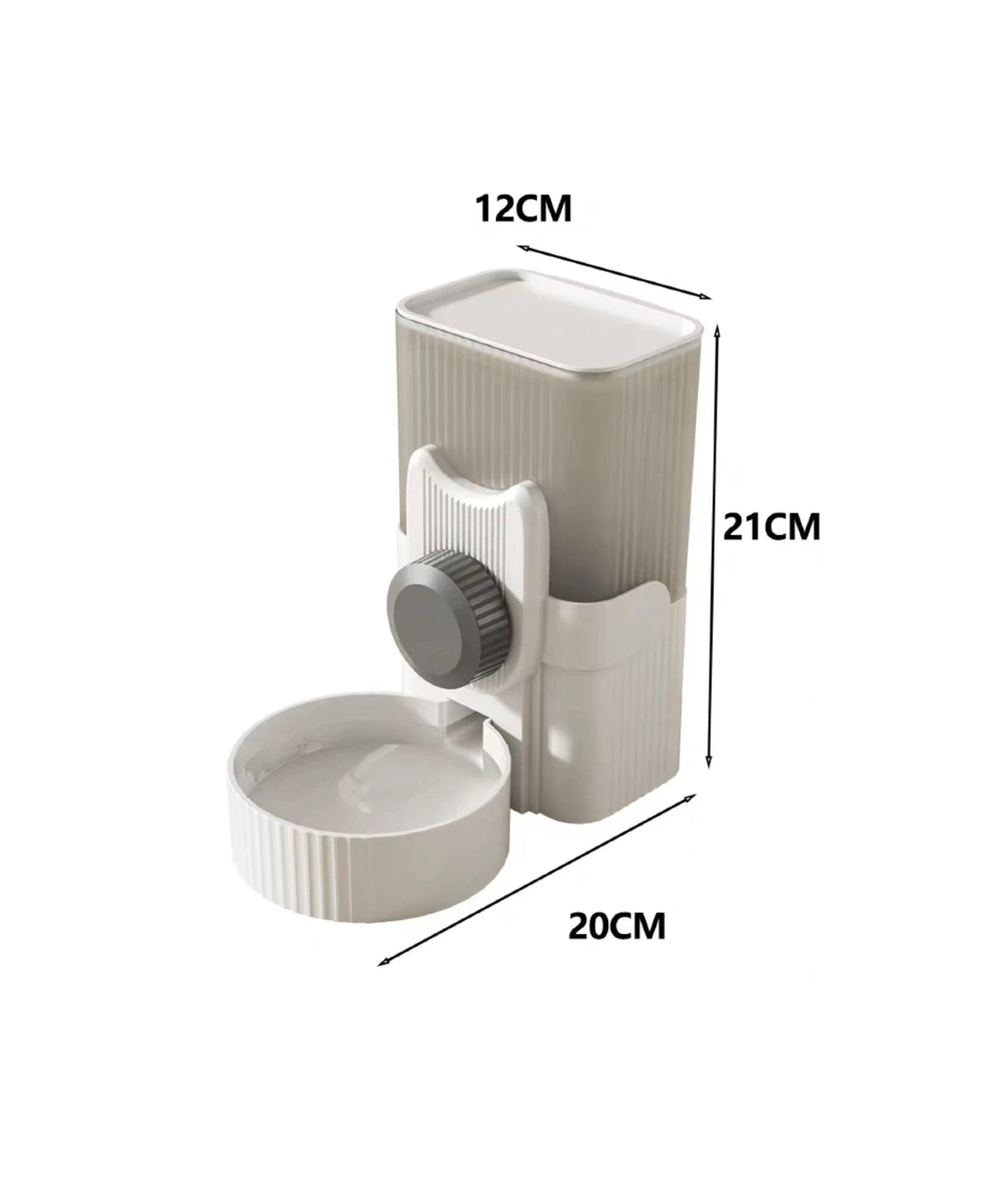 Cage-mounted water dispenser dimensions of 12 by 21 by 20 centimetres