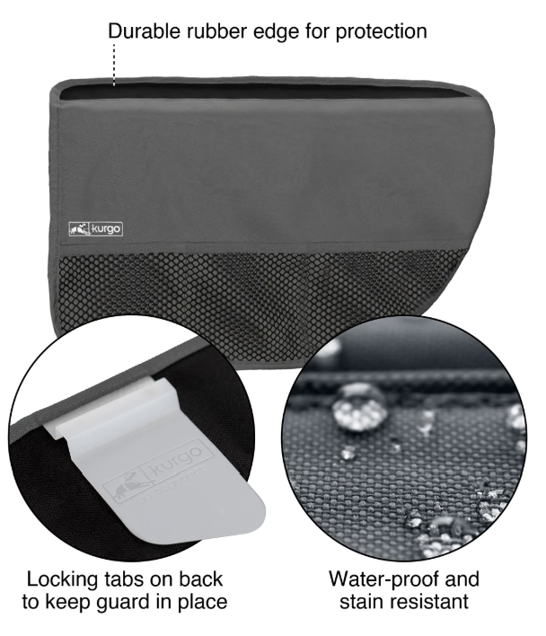 Kurgo door guard details showing locking tabs, rubber top edge and water-resistant fabric