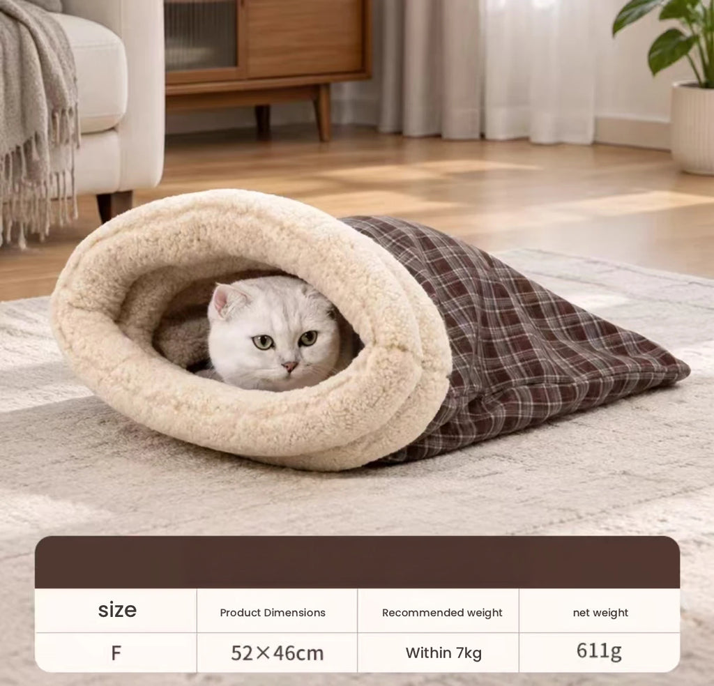 HiDREAM Covered Cave Cat Bed - Thick Warm Plush Sleeping Bag for Indoor Cats