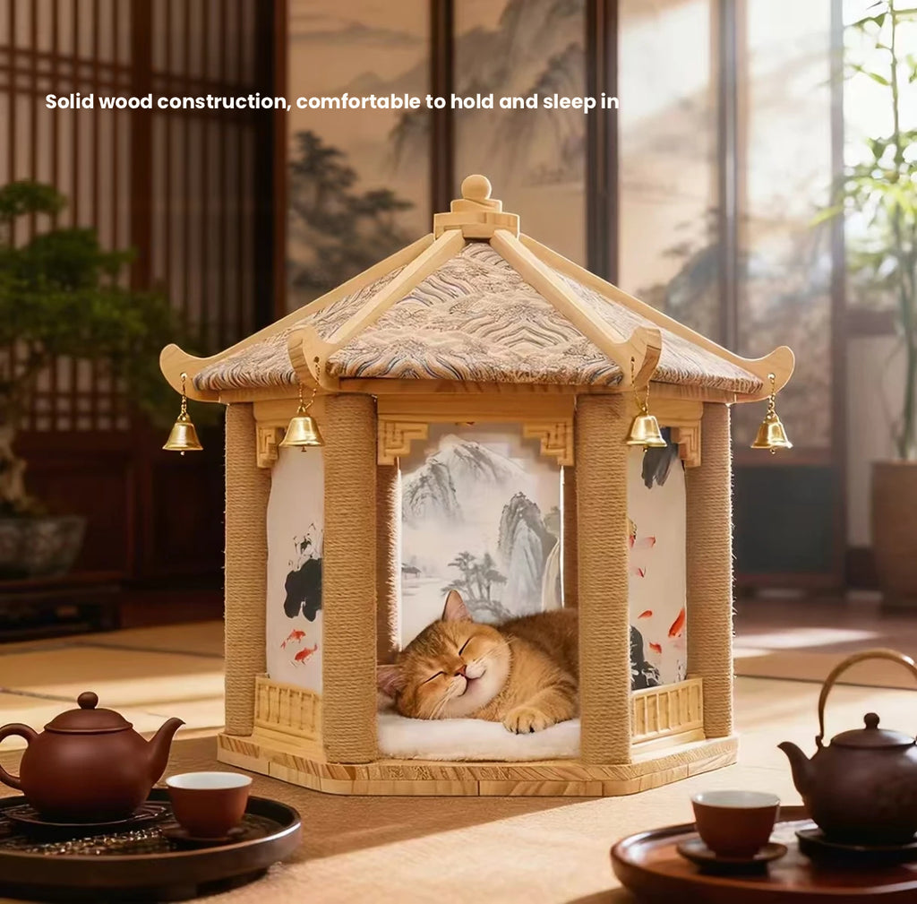 Wooden Cat Tree: Space-Saving Cat Scratcher with Bed & Post