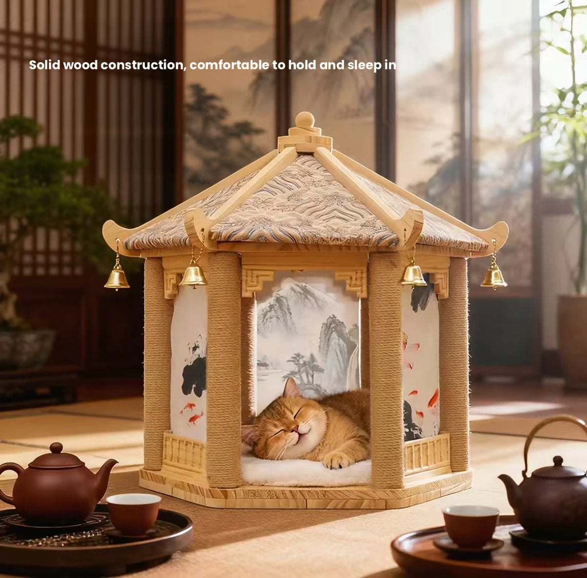 Wooden Cat Tree: Space-Saving Cat Scratcher with Bed & Post
