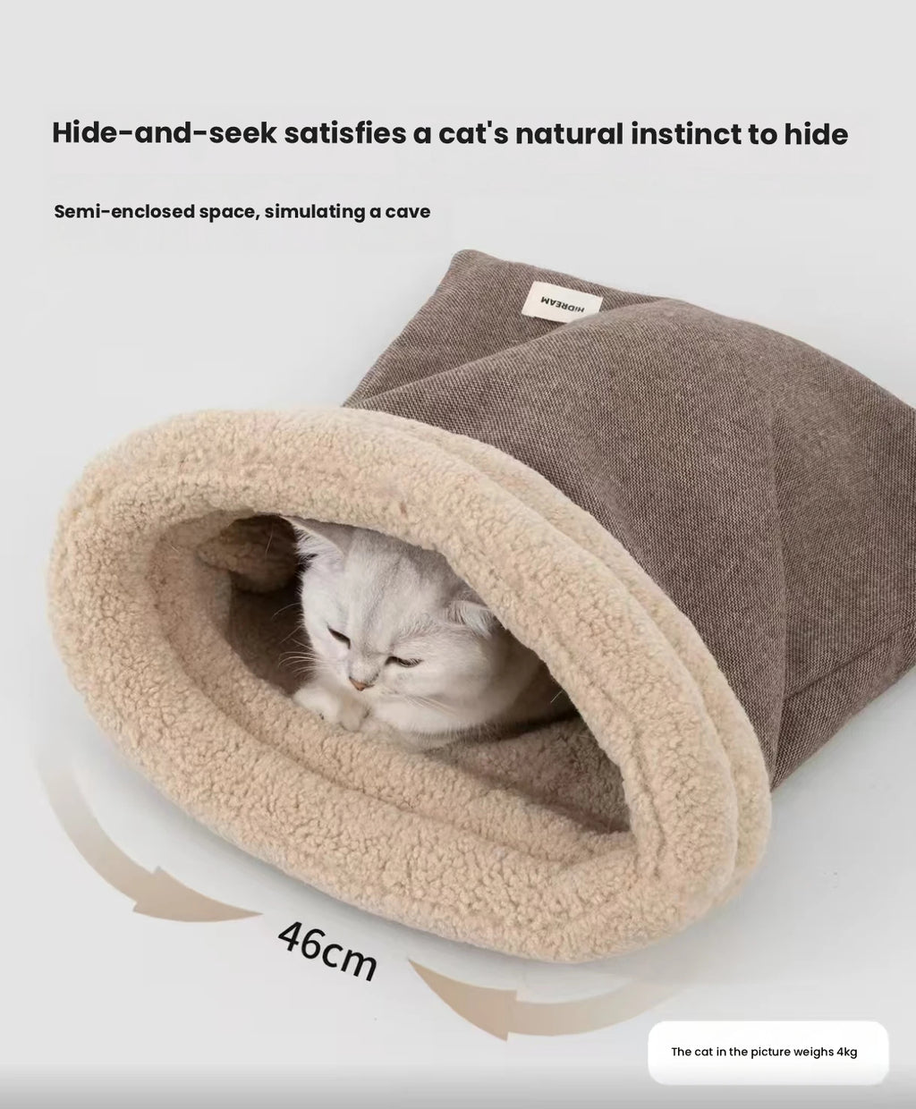 HiDREAM Covered Cave Cat Bed - Thick Warm Plush Sleeping Bag for Indoor Cats